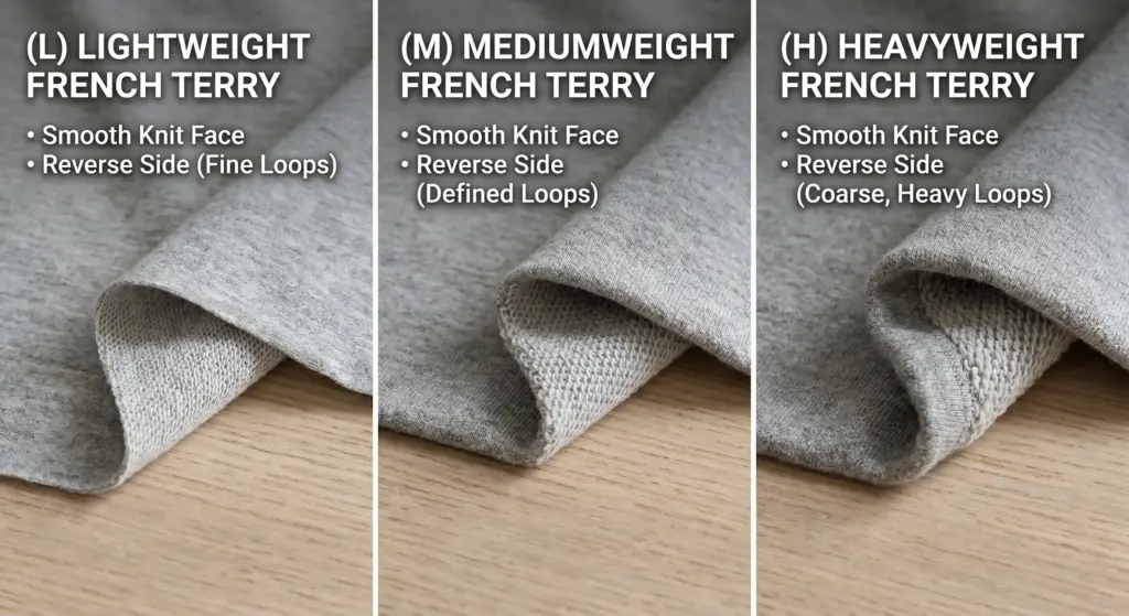 Comparison of lightweight, mediumweight, and heavyweight French terry fabric with different loop structures on the reverse side