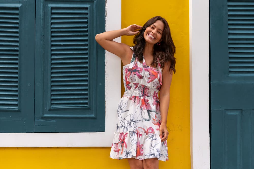 A woman wearing a skirt made of skirt fabric