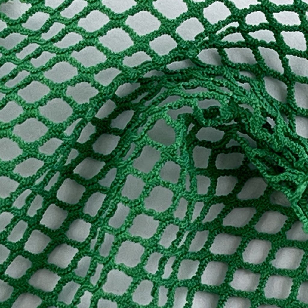 Close-up of dark green polyester spandex netting fabric showing large, diamond-shaped holes, ideal for sportswear.