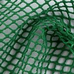 Close-up of dark green polyester spandex netting fabric showing large, diamond-shaped holes, ideal for sportswear.