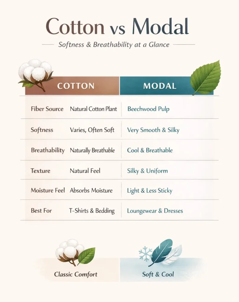 Simple Comparison Chart of Softness and Breathable Between Cotton and Modal