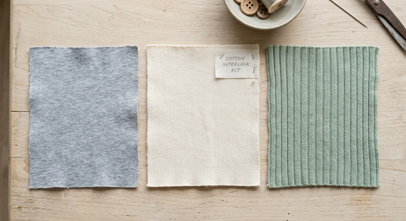 Close-up comparison of cotton jersey, interlock, and rib knit fabric textures