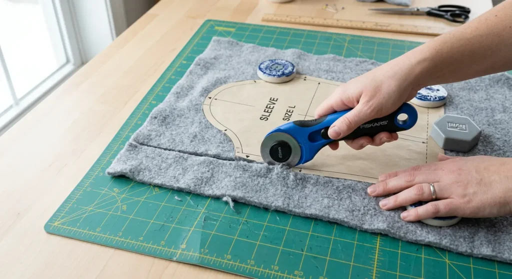Rotary cutter cutting fleece fabric with pattern weights on a cutting mat