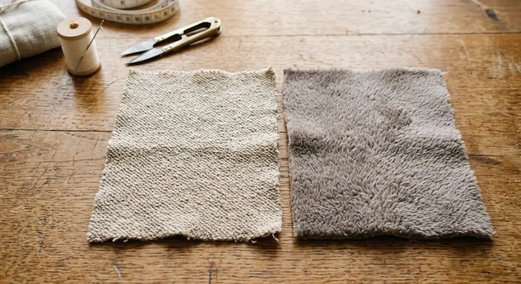 French terry and fleece fabric swatches side by side showing texture difference