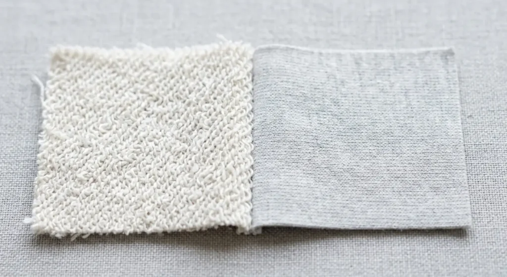 Close-up of French terry looped reverse side next to smooth single jersey knit face