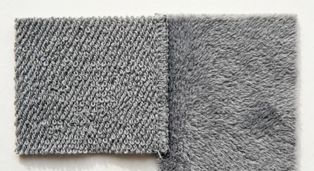 Close-up of french terry looped reverse side next to brushed fleece pile texture