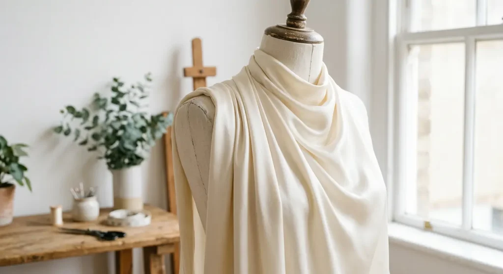 Ivory silk charmeuse fabric draped to show its liquid sheen and formal wear quality