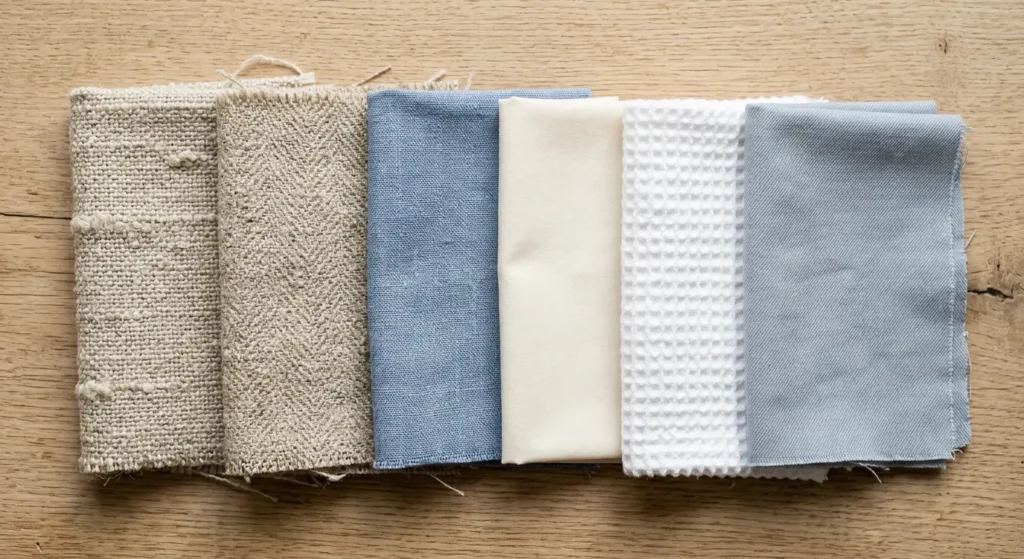 Close-up of linen and cotton fabric textures side by side showing weave differences