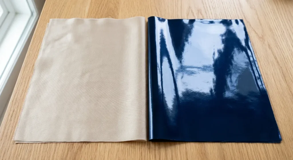 Close-up of silk satin and polyester satin fabric swatches showing sheen difference