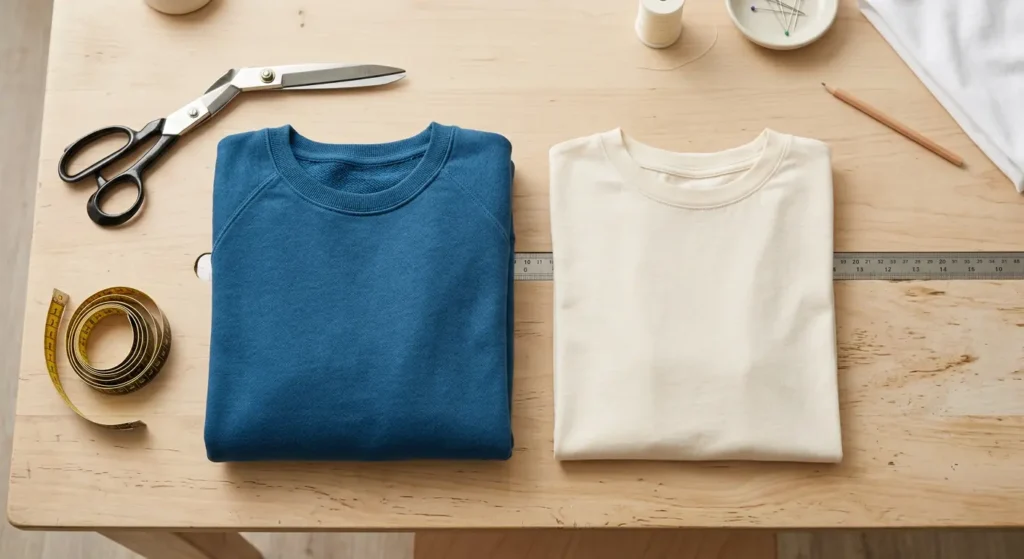 French terry sweatshirt and single jersey T-shirt laid flat on a sewing table