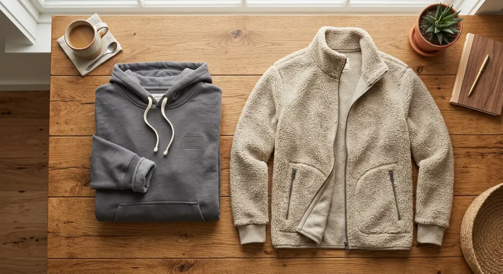 Finished french terry hoodie and fleece jacket folded side by side on a wooden surface