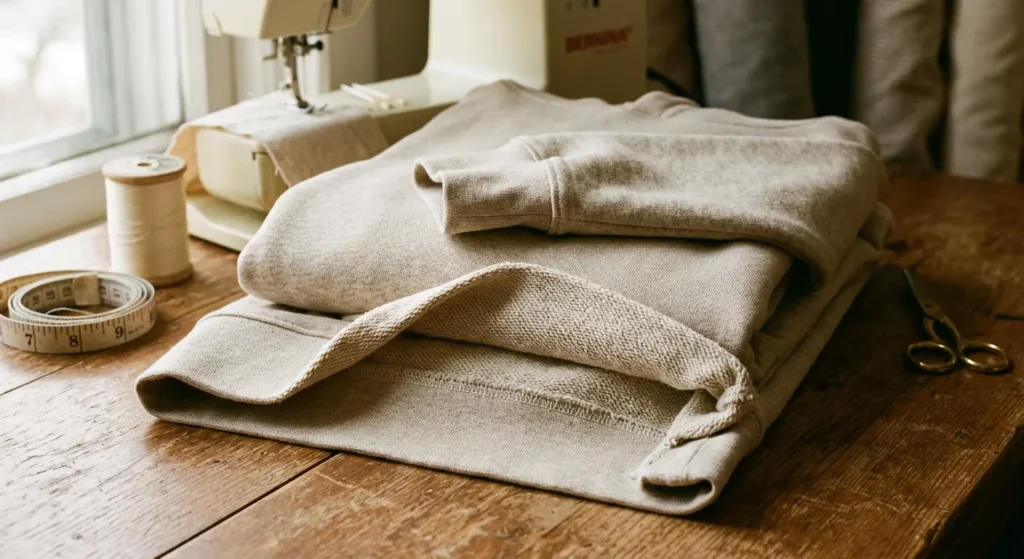 Folded French terry hoodie showing looped interior texture on a sewing table