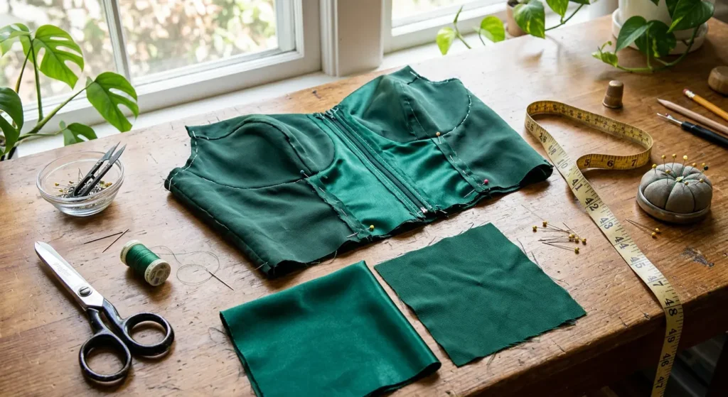 Sewing in progress with silk and satin fabric on a dressmaking table