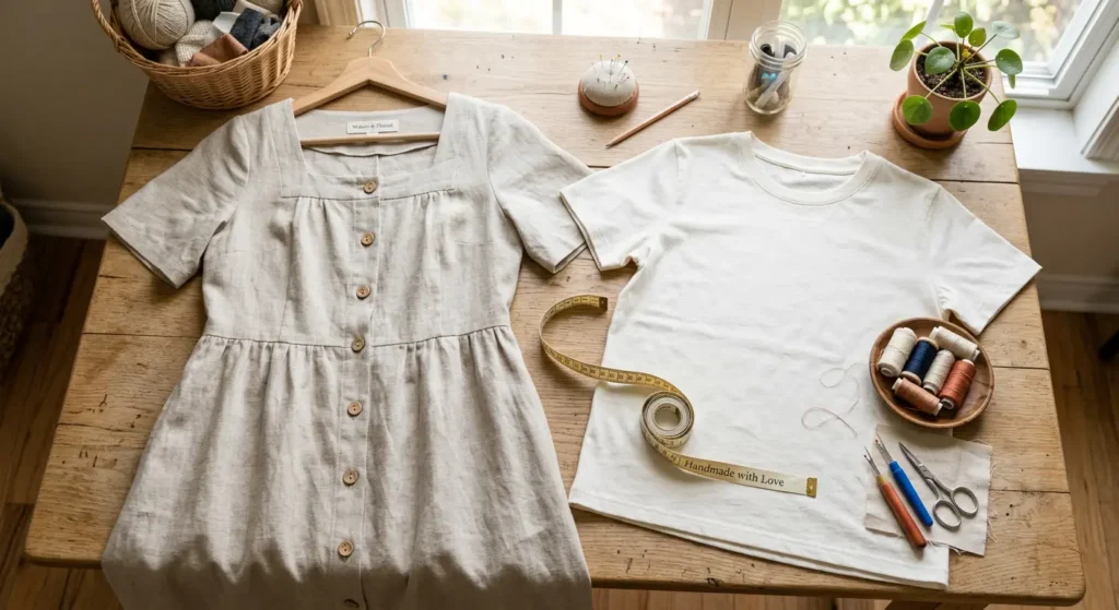 Finished linen summer dress and cotton T-shirt laid out on a sewing table