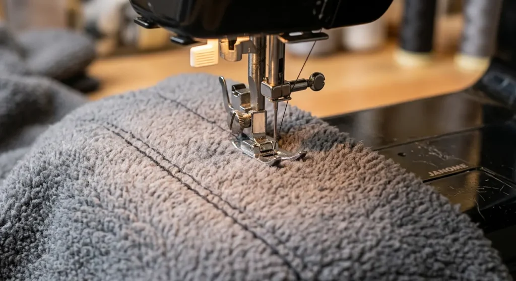Sewing machine stitching through thick fleece fabric with stretch needle
