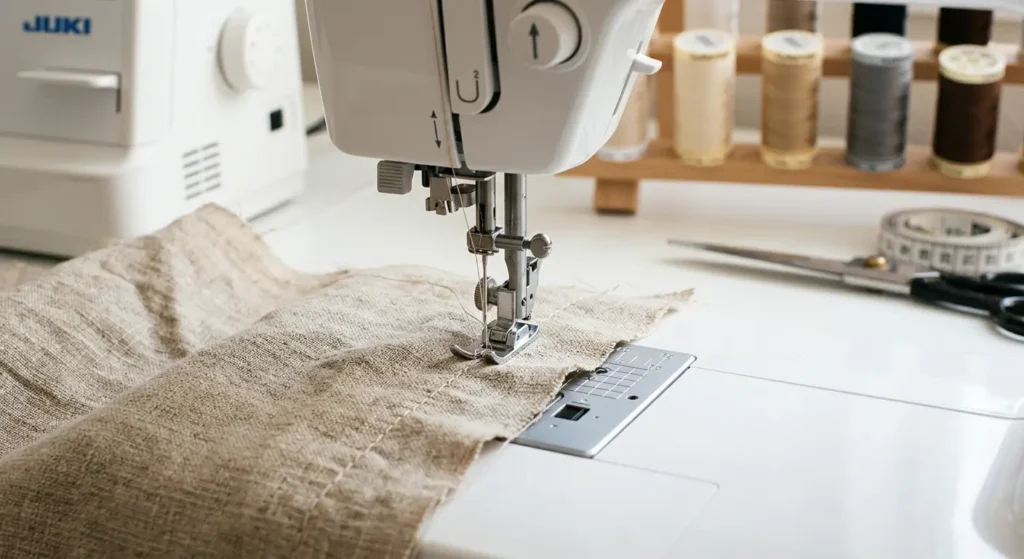Sewing machine stitching through natural linen fabric with cotton thread