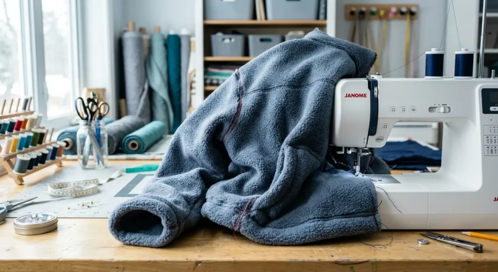 Polar fleece jacket being sewn on a sewing machine showing thick fabric loft