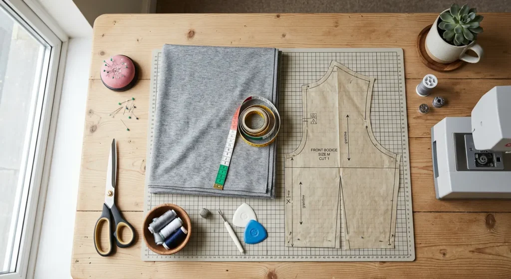 Sewing table with cotton jersey fabric, tape measure, and t-shirt pattern pieces