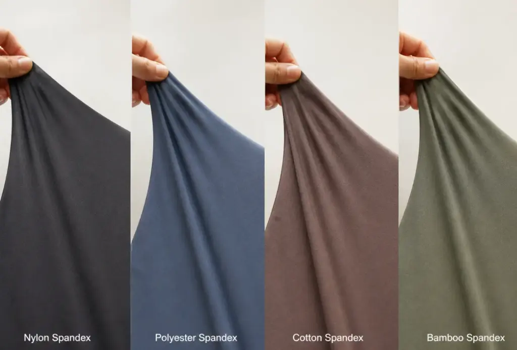 Four fabric swatches side by side — nylon-spandex, polyester-spandex, cotton-spandex, bamboo-spandex — showing texture differences.