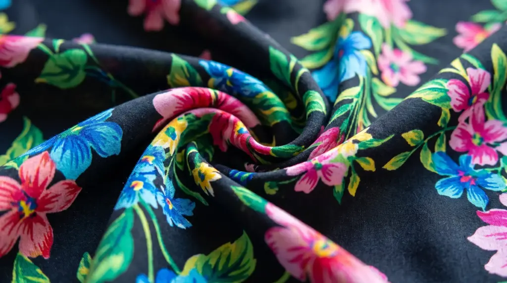 A close-up of a floral pattern on viscose fabric, featuring vibrant colors and a fluid drape.