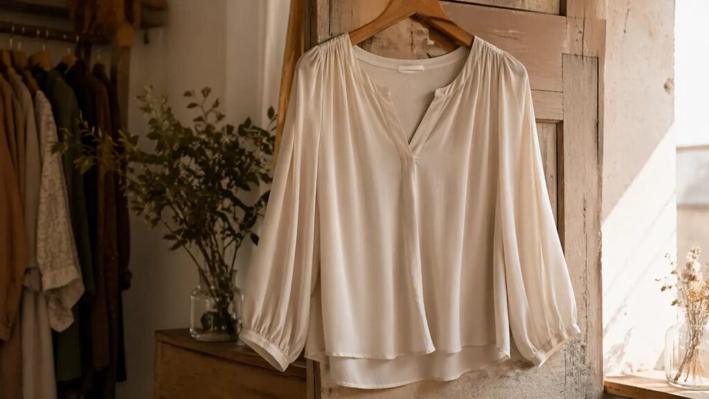 Finished viscose fabric shown as a blouse or dress — illustrating the soft drape and lightweight movement the fiber produces.