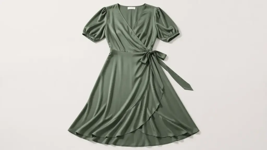 A viscose wrap dress displayed flat, its fluid fabric forming soft folds where the panels overlap.