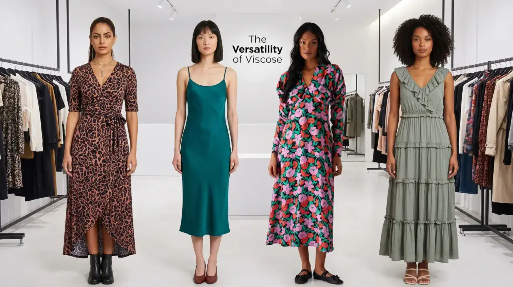 A row of viscose dresses in a variety of styles—including wrap dresses, slip dresses, and floral midi dresses—showcases the rich range of design aesthetics that viscose fabric can accommodate.