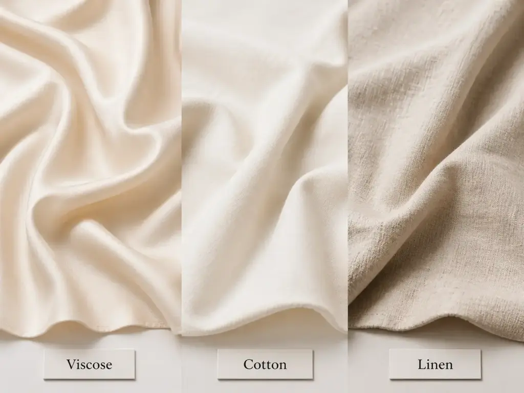 Viscose cotton and linen fabric swatches arranged side by side showing weight and texture differences in warm weather fabrics