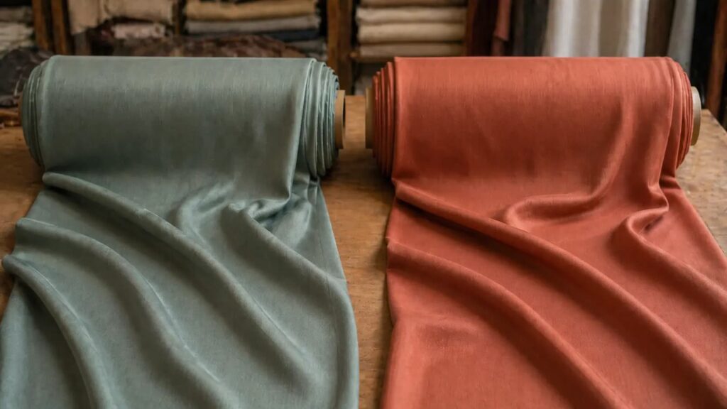 Two fabric bolts side by side — one tagged ‘viscose,’ one tagged ‘rayon’ — illustrating that the name on the label doesn’t indicate a different fabric.