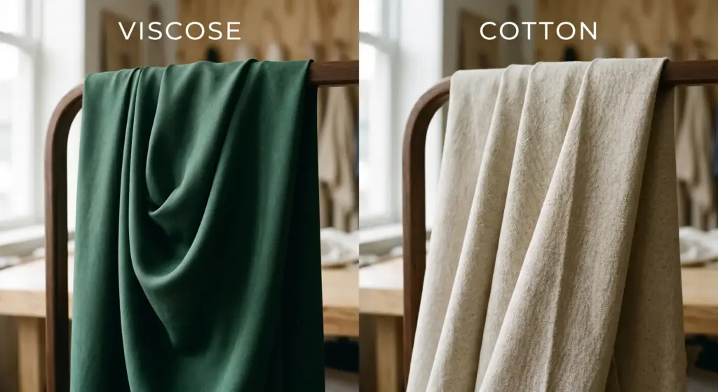 A comparison of viscose and cotton fabrics, highlighting the differences in their drape and texture.