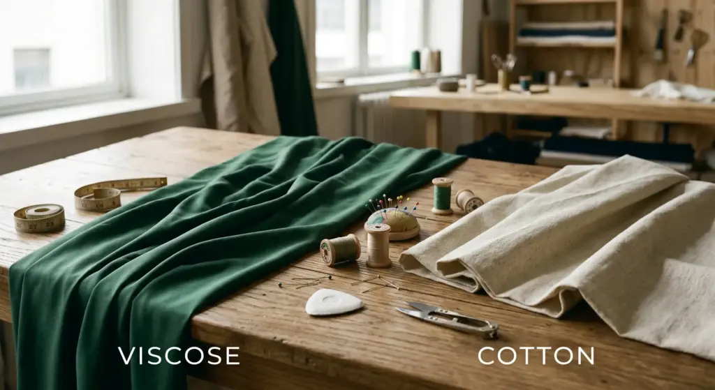 The viscose fabric on the table possesses a more fluid drape than cotton.