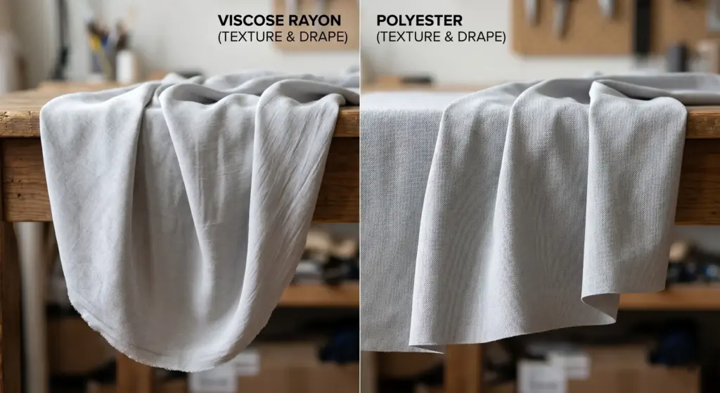 When comparing viscose and polyester fabrics, there are distinct differences in both surface texture and drape.
