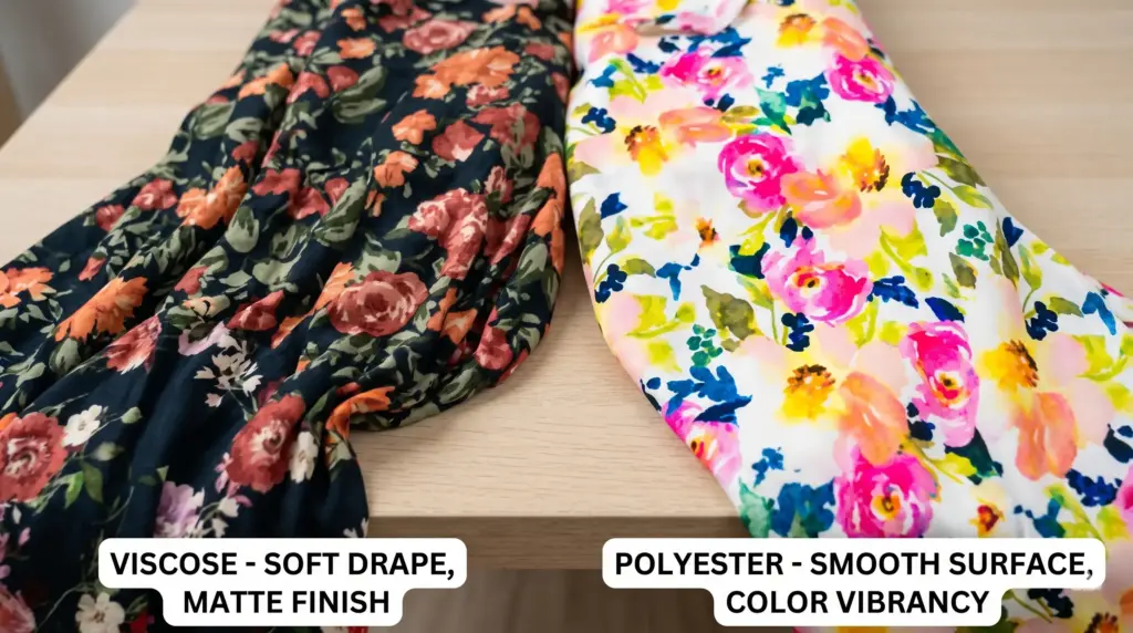 When comparing garments made of printed viscose fabric with those made of polyester fabric, there are distinct differences in both color vibrancy and texture.