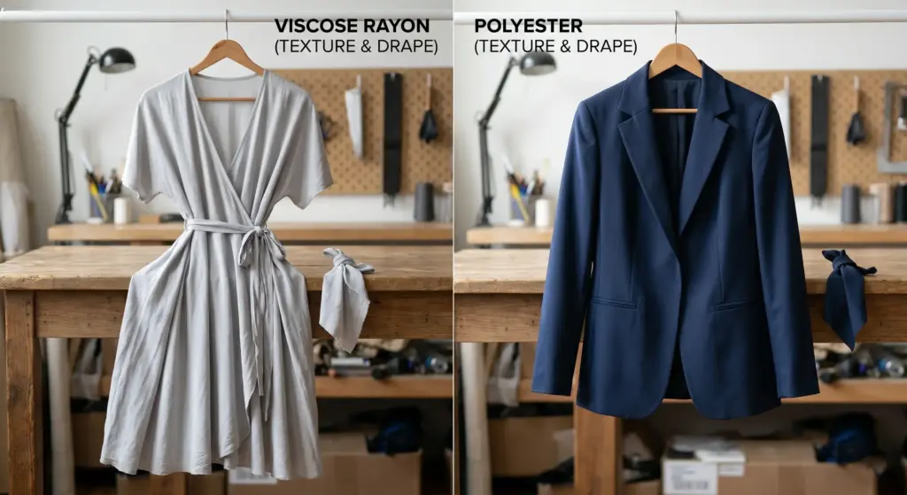 Garments made from viscose fabric drape into soft folds, while those made from polyester fabric offer a crisp, structured shape-retention effect.