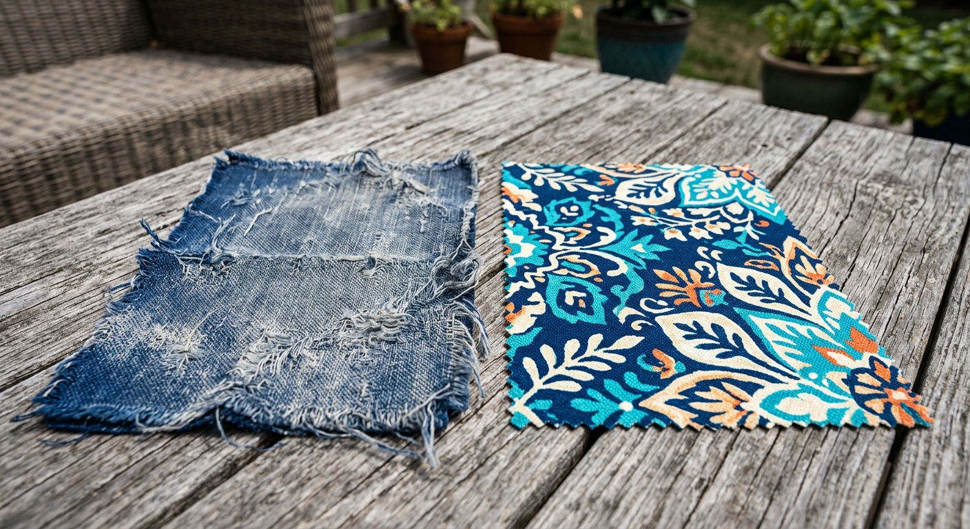 Comparison of UV-damaged faded outdoor cushion fabric versus new vibrant outdoor fabric