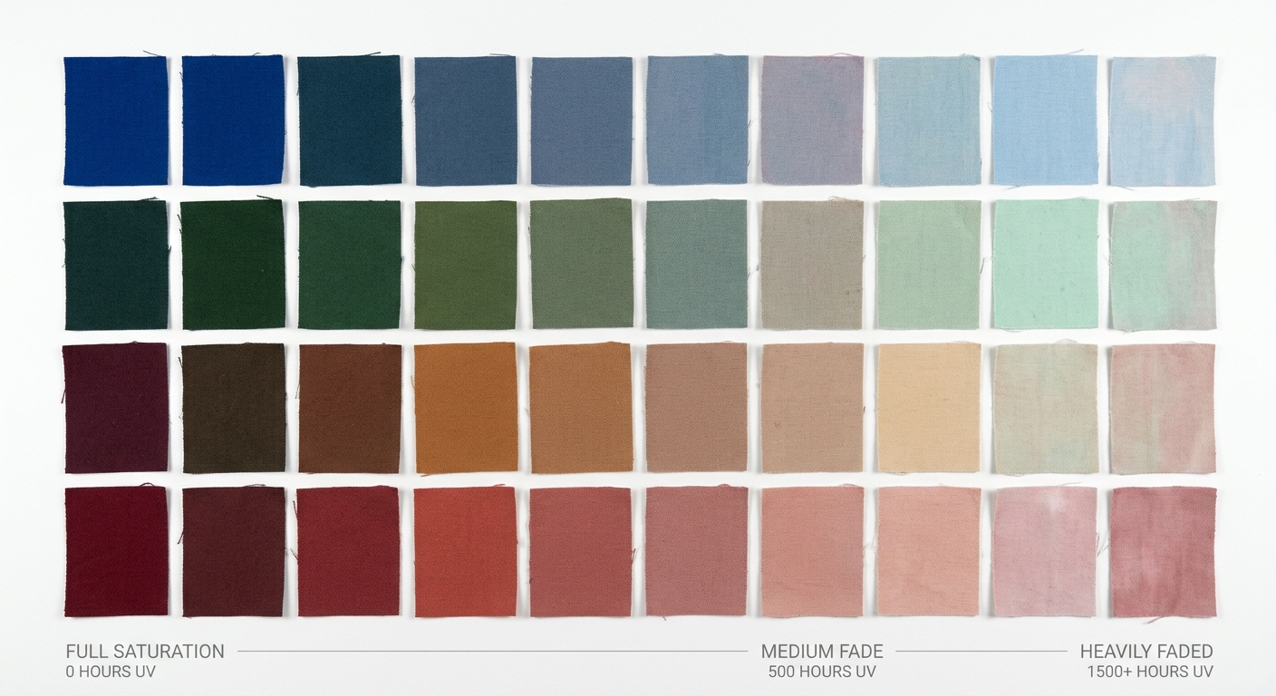 Fabric swatches showing UV fade progression from vibrant to faded colors
