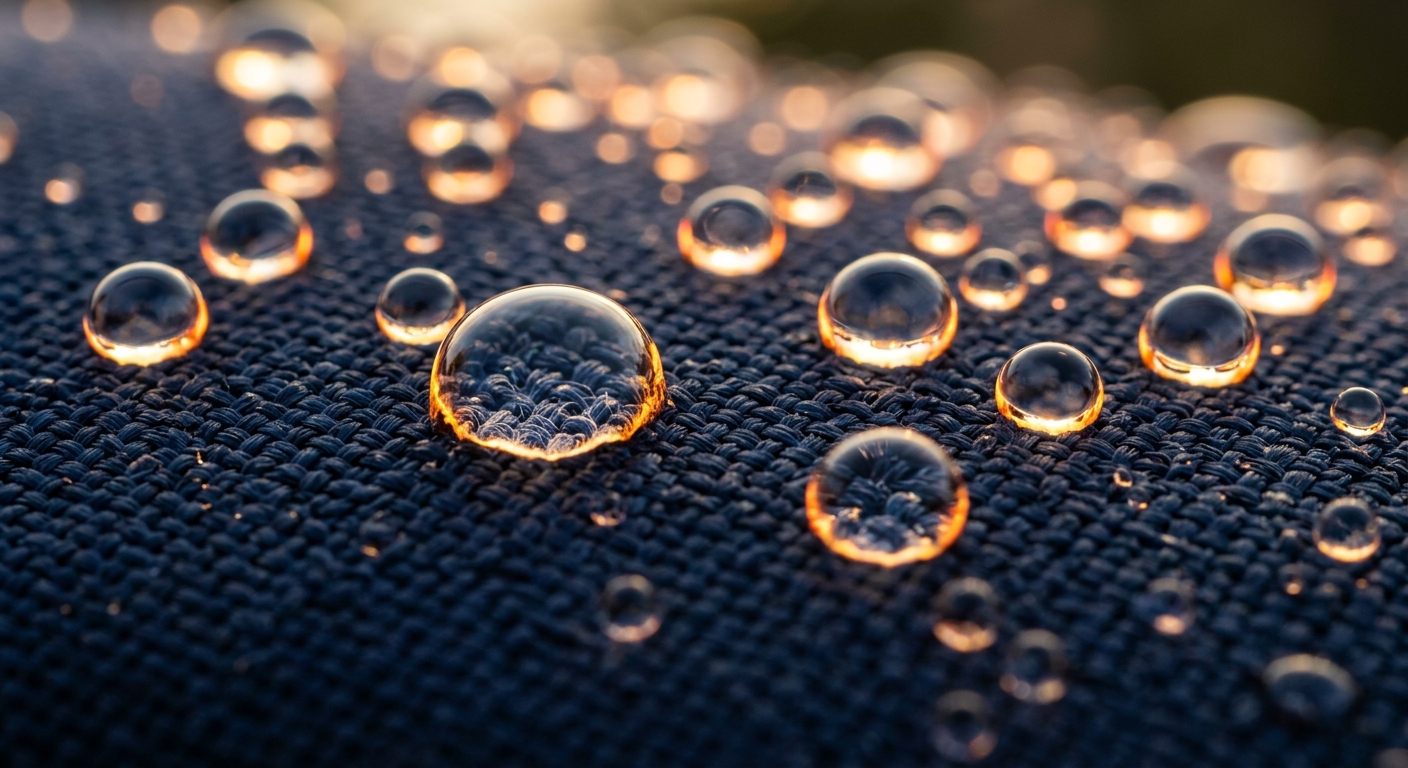 Water droplets beading on water-repellent outdoor fabric surface in navy blue