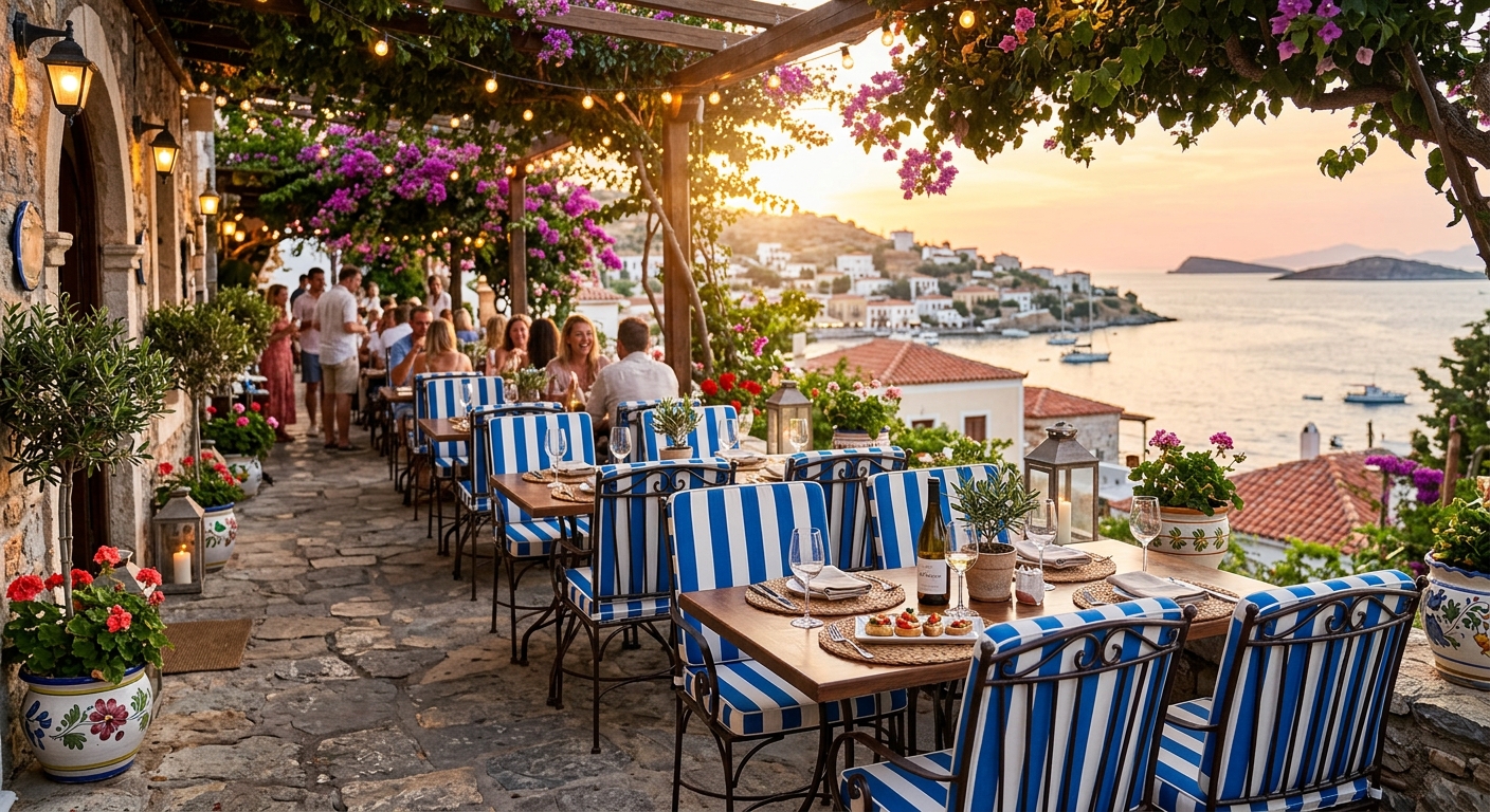 Upscale outdoor restaurant patio with vibrant blue and white striped cushioned seating