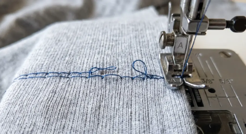 Shows the typical skipped-stitch result when sewing knit fabric with a standard sharp needle.