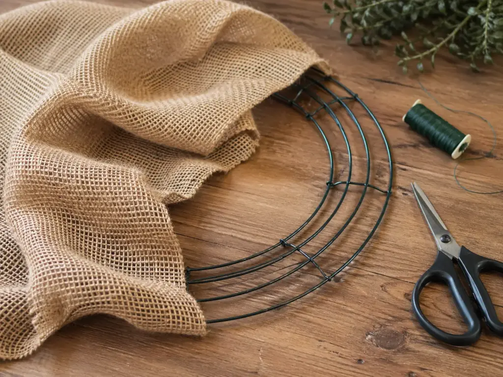 Shows the burlap loop technique mid-process on a wire wreath form, with loops.
