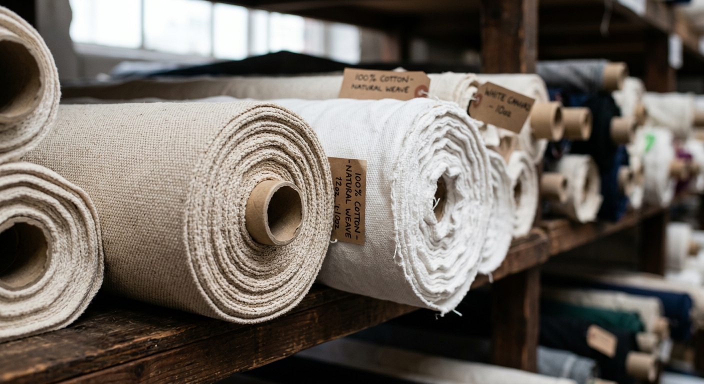 Stacked rolls of natural white 100% cotton fabric on a warehouse shelf
