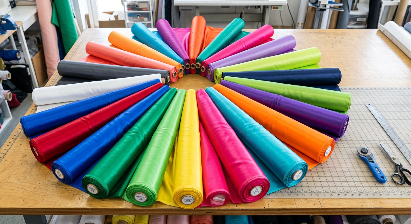 Vibrant rolls of polyester fabric in multiple colors on a cutting table