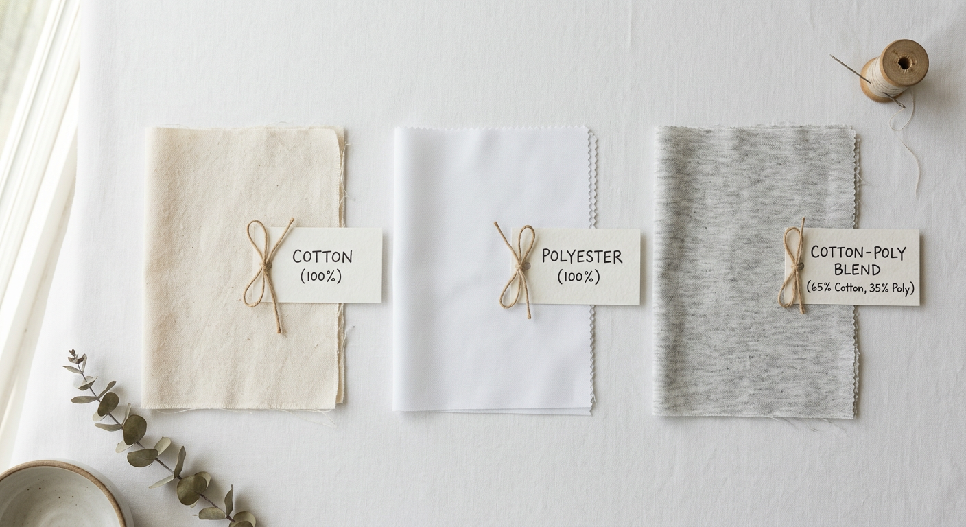 Three fabric swatches comparing cotton polyester and blend side by side