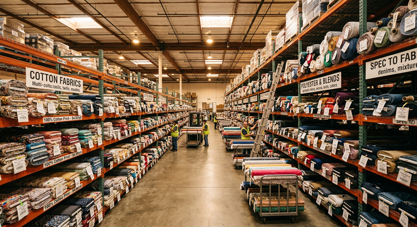 Wholesale fabric warehouse with organized bolts of cotton and polyester fabrics