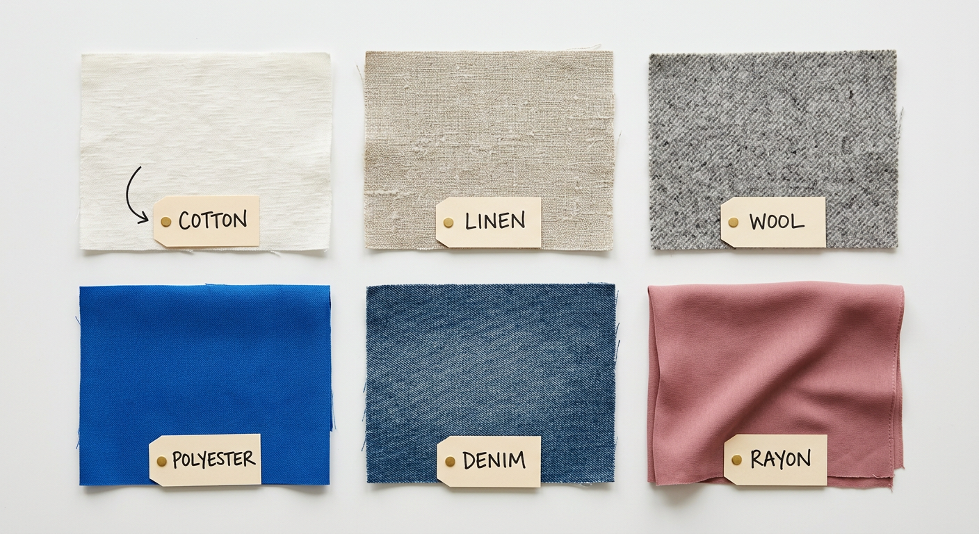 Flat lay grid of fabric swatches by fiber type