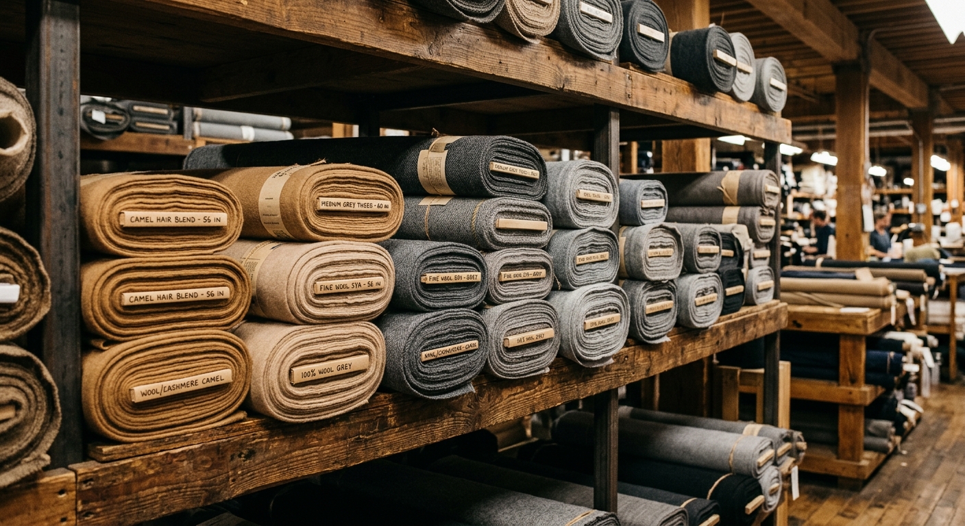 Stacked bolts of wool fabric in a warehouse