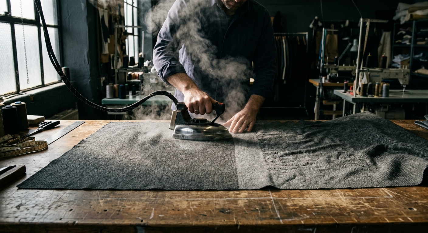 Industrial steamer being used to pre-shrink wool fabric
