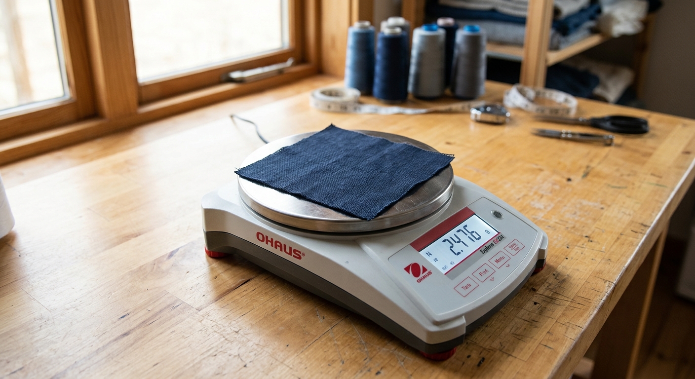 Digital fabric scale weighing a white cotton swatch to determine GSM