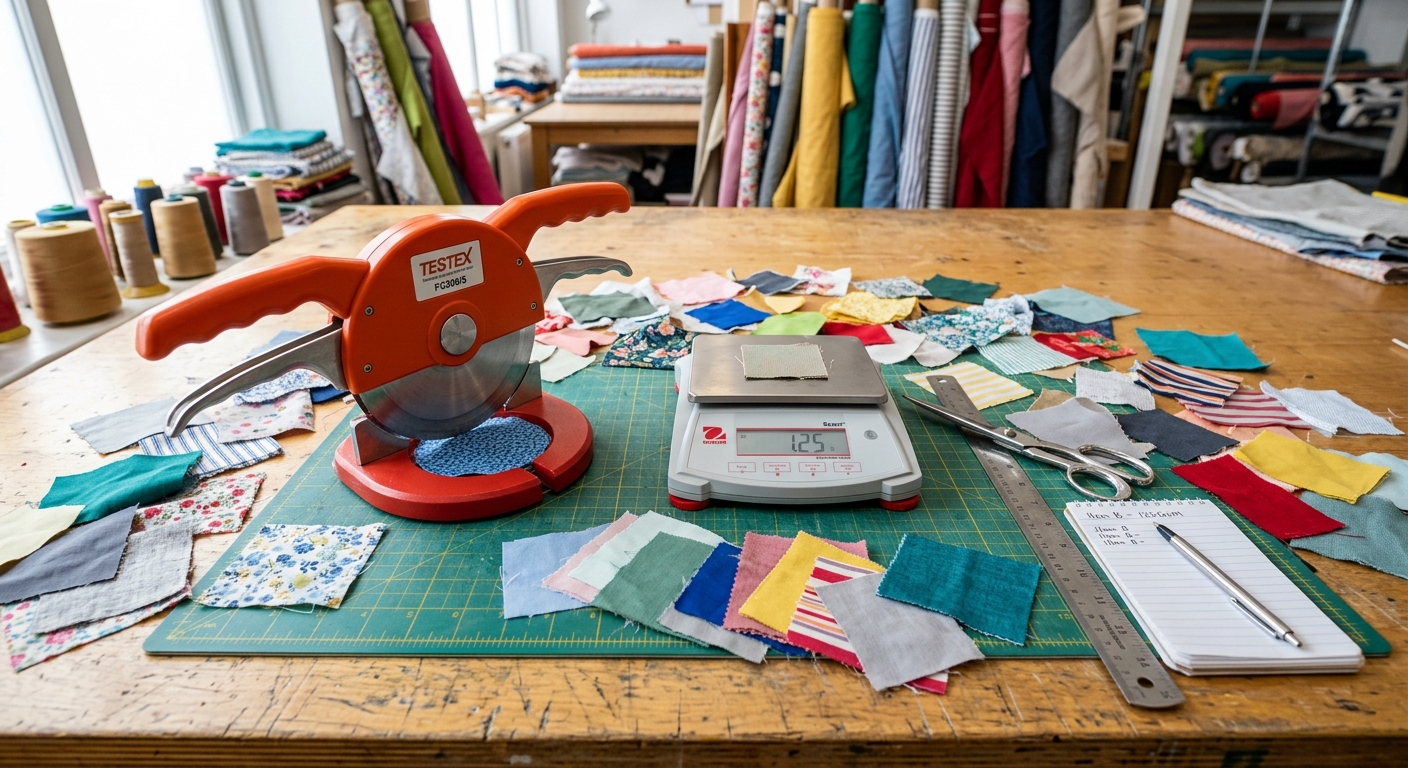 Circular GSM cutter tool and digital scale on a fabric cutting table with swatches