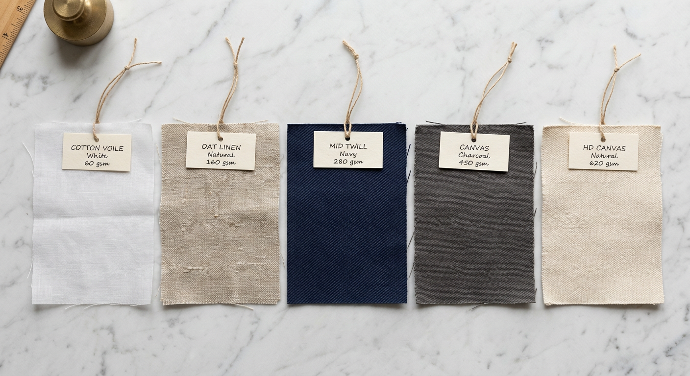 Flat lay of five fabric swatches ranging from lightweight chiffon to heavy canvas with weight labels